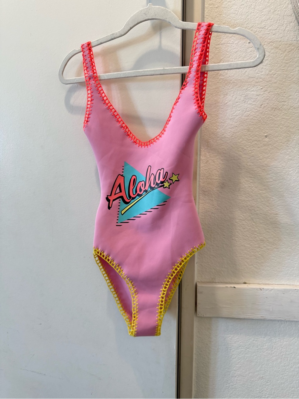 New topshop Pink "Aloha" One-Piece Swimsuit with Neon Trim size 2